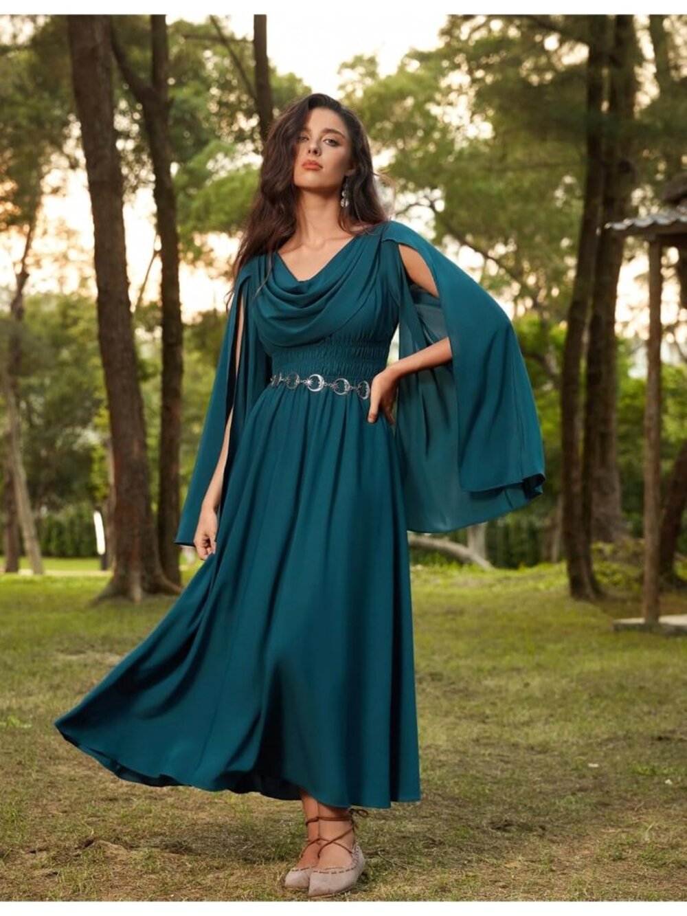 Women's Blue Green Renaissance Bell Sleeve Cowl Neck Imported Costume Dress - Picture 2 of 6